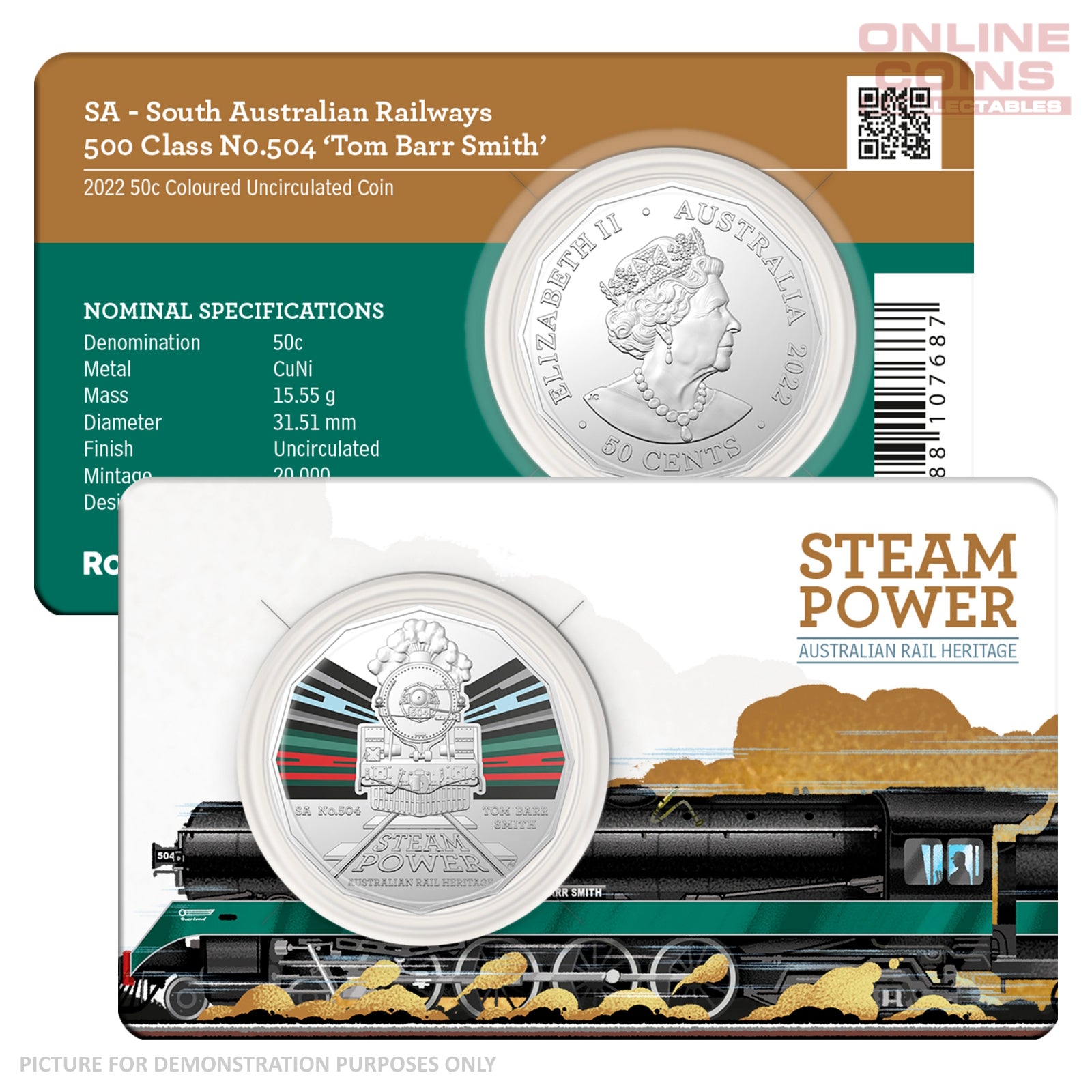2022 50c CuNi Coloured Uncirculated Carded Coin – SA South Australian Railways 500 Class NO.504 'Tom Barr Smith'